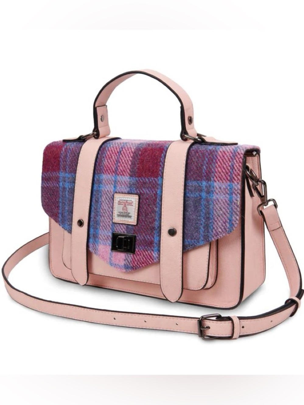 NEW Islander Harris Tweed Pink & Blue Tartan 100% Wool Handwoven Mini Satchel